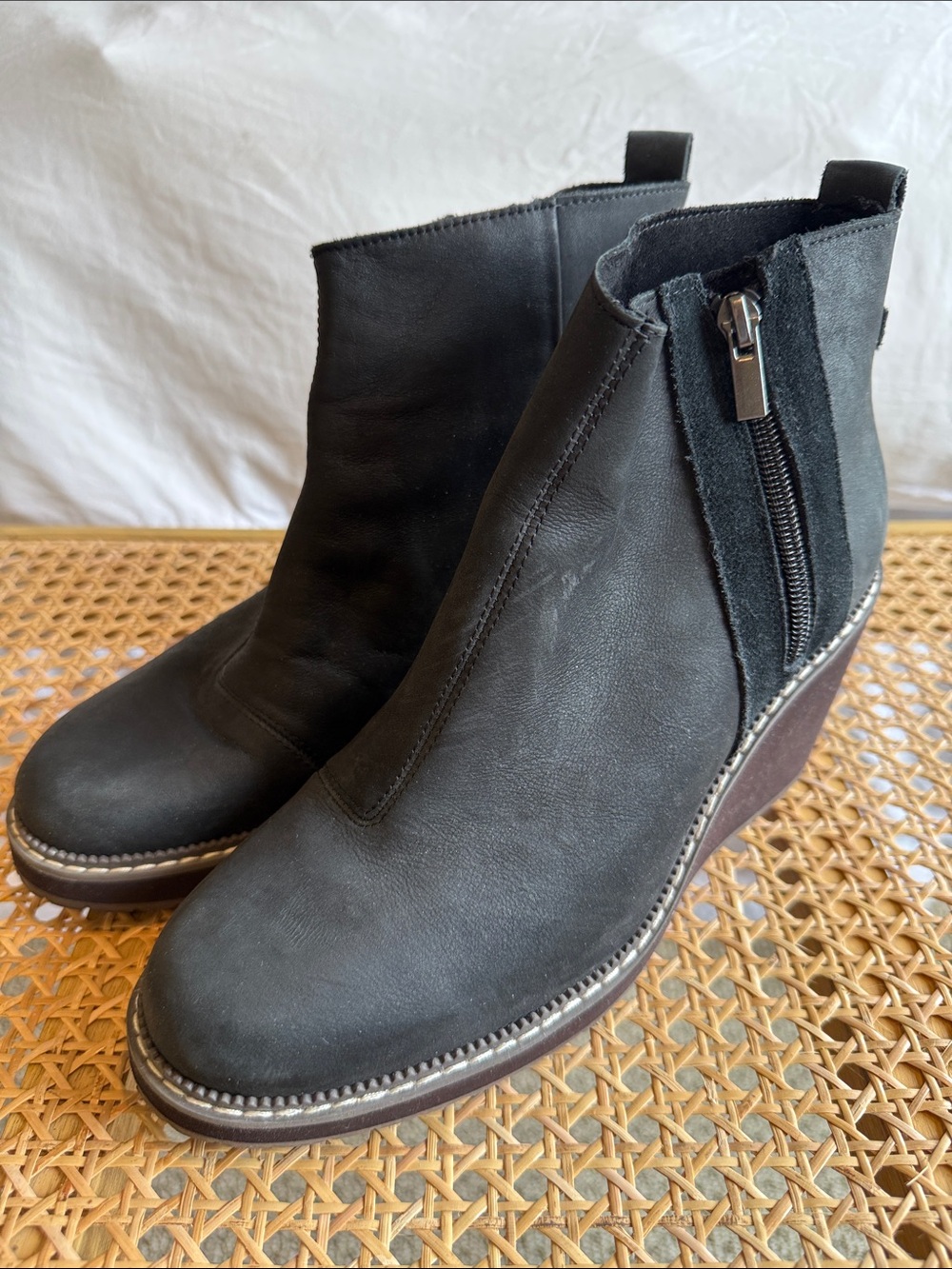Toms Black Leather Wedge Ankle Booties with Side Zip